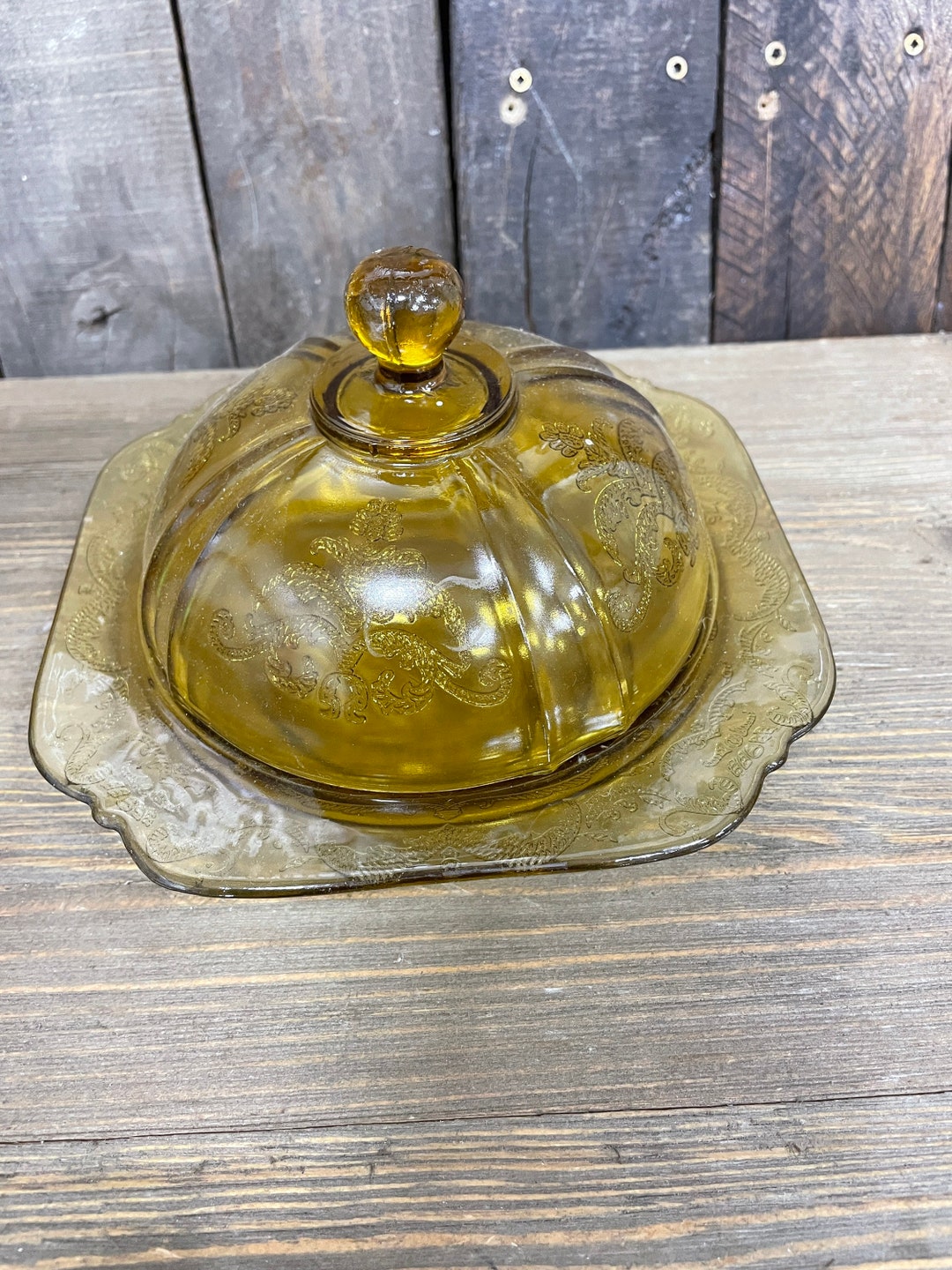 Depression Glass Bowl With Lid Amber Colored Dish Gold Glass Etsy