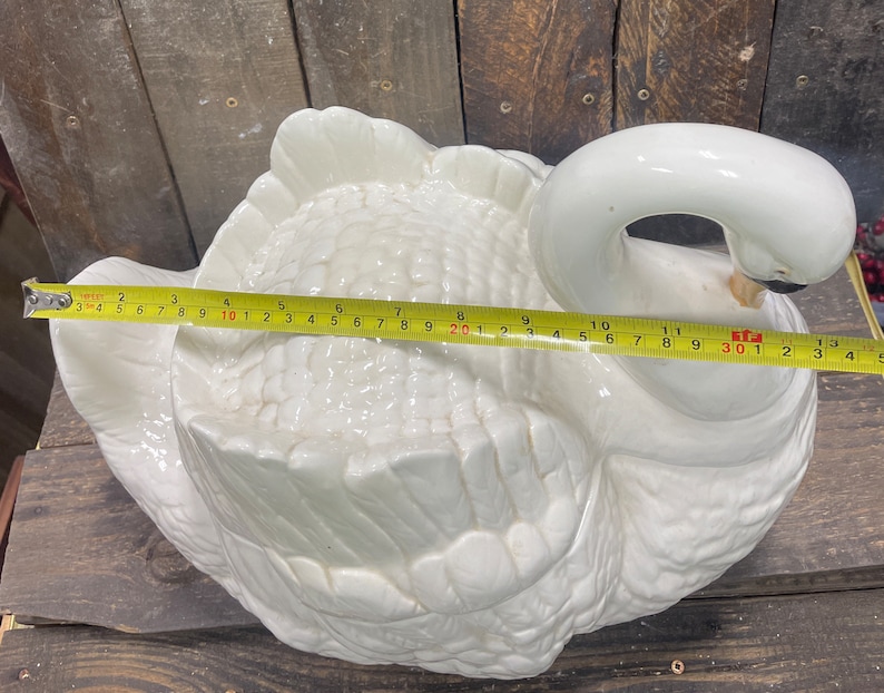 May include: White ceramic swan-shaped serving dish with a textured surface and a raised design. The dish is approximately 11 inches long.