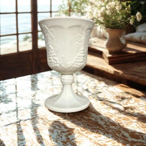 Vintage Indiana Glass Harvest Grape Milk Glass Goblet,Colony Harvest Pattern,Milk Glass Chalice,Mid-Century Decor,White Kitchen,Stem Barware