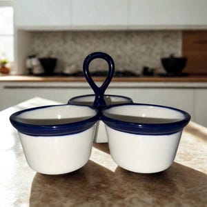 May include: A white ceramic serving dish with three compartments and a blue handle. Each compartment has a blue rim. The dish is on a light-colored countertop in a kitchen setting.