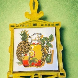 Vintage Mustard Yellow Trivet: Pineapple Lemonade Ceramic Cast Iron Decor