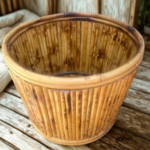 Vintage Bamboo Indoor Planter,Bamboo Waste Basket,Burned Cane Hand Made Storage,Midcentury Modern Natural Decor,Eco Friendly Planter,Boho