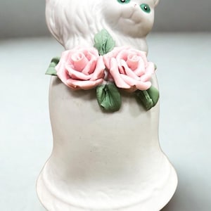 Porcelain Cat Bell,Green Eyed Cat,Vintage Bell with Cat, Pink Roses and White Cat, Cat Lover Gift, Collectible, Gift for Her,Bell Collector