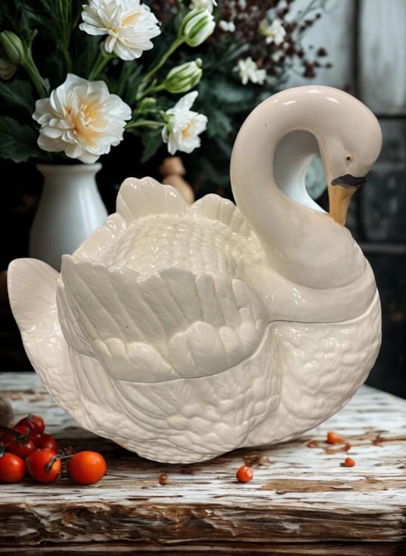 Vintage Ceramic Swan Soup Tureen: Mid-Century Farmhouse Centerpiece image 1