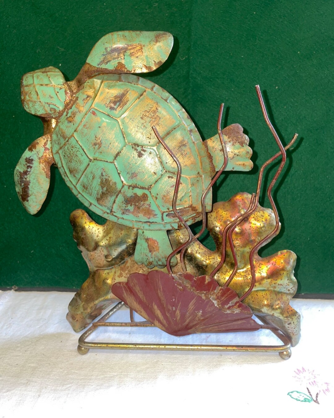 Vintage Sea Turtle Sculpture, Metal Beach Decor, Nautical Accents