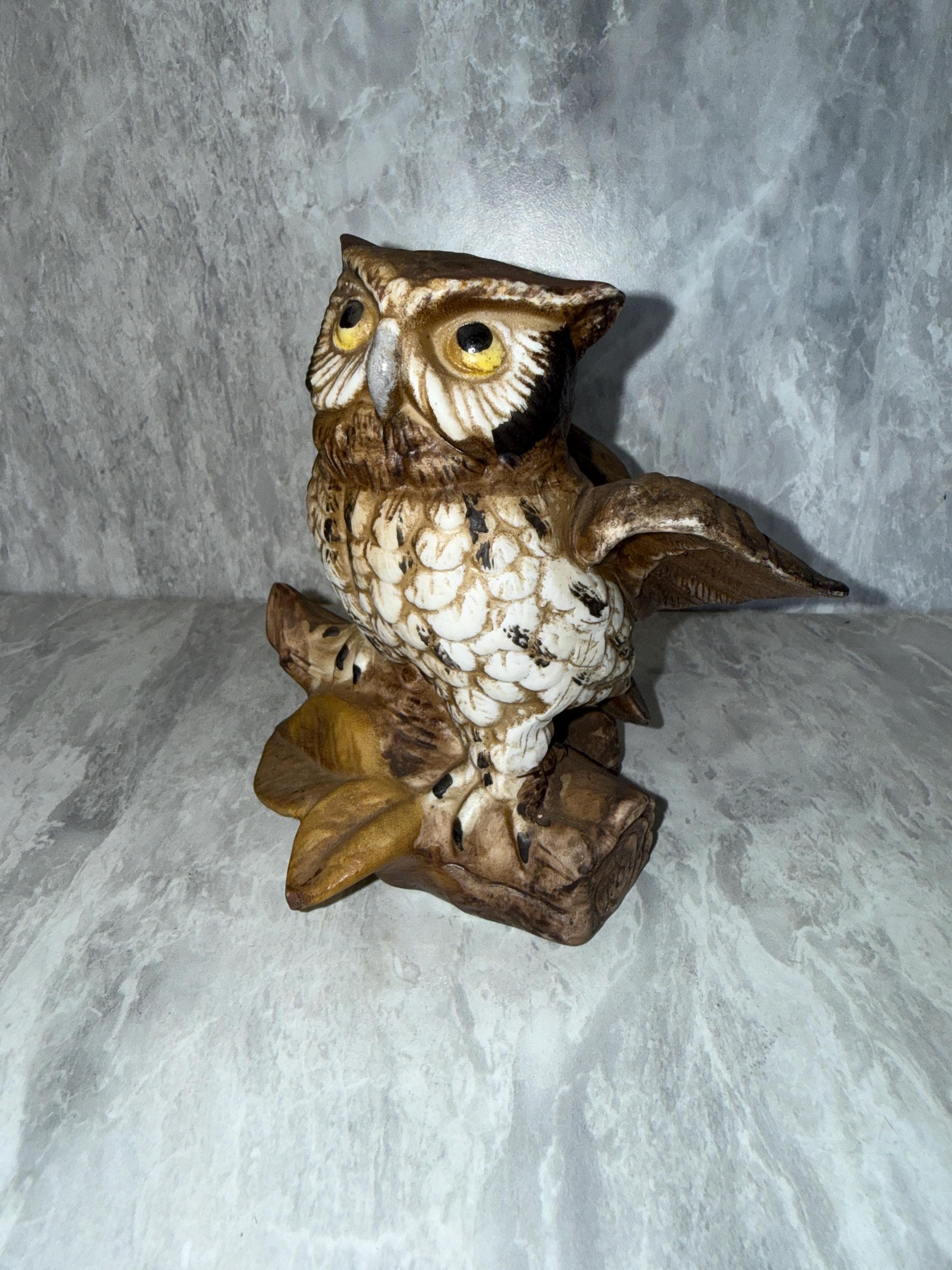 HOMCO Vintage Owl Figurine, Midcentury Porcelain Owl on Log Knick Knack