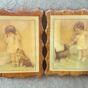 Bessie Pease Gutmann Art, Pair of Lacquered Pictures, Dog and Child Prints on Wood, Vintage Cabin Decor, Children’s Room Decor