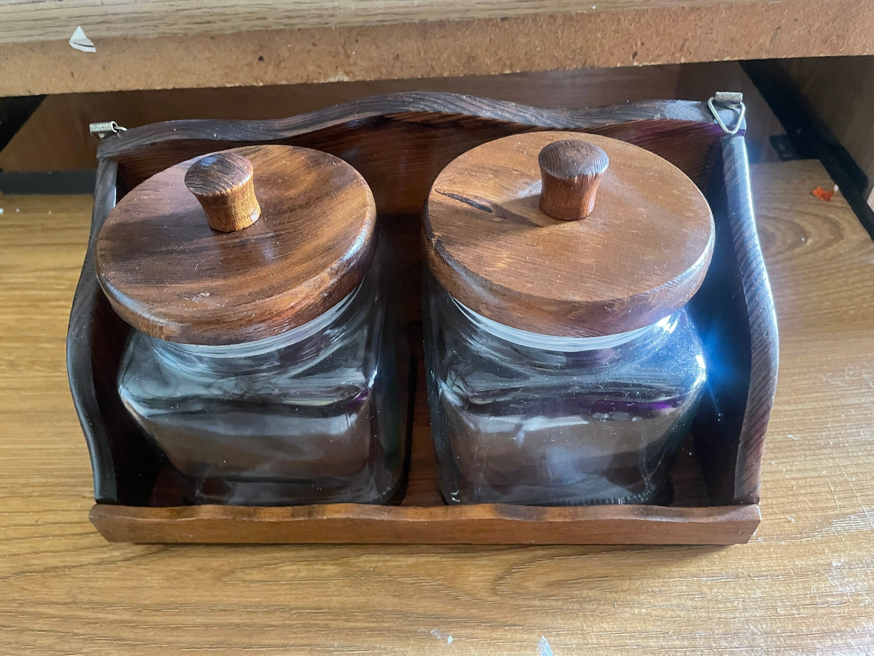 Vintage Glass Large Cookie Jar Wood Top, Rustic Kitchen, Farmhouse