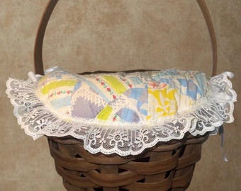 Vintage Woven Gathering Basket with Handmade Quilt Topper and Lace Trim