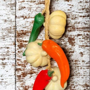 Vintage Ceramic Vegetables on Jute Rope , Peppers and Garlic Wall Hanging Kitchen Decor