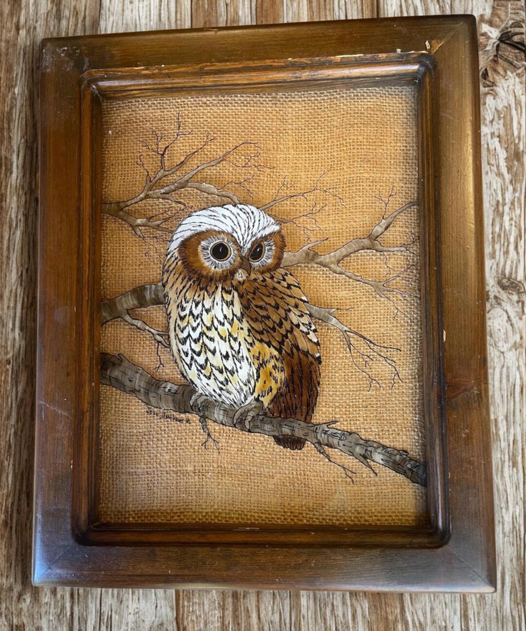 Vintage Owl Wall Art, Reverse Painting on Glass, Wood Framed Owl ...