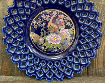 Vintage Cobalt Blue Japan Saucer W Peacock Design,lattice
