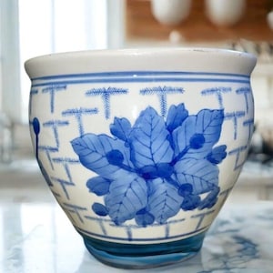Vintage Blue & White Floral Chinese Planter: Oriental Koi Fish Bowl