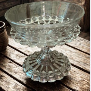 May include: A clear, vintage glass pedestal bowl with a scalloped rim and base. The bowl has a round, shallow basin and a decorative stem. The glass has a textured, patterned design. The bowl is likely used for serving desserts or displaying decorative items.