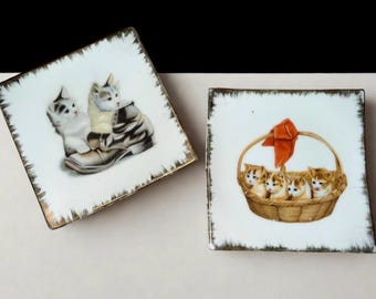 Vintage Japanese Kitsch Porcelain Kitten Trinket Dishes – Set of 2 Cat Decorative Plates– Mid-Century Gilt Edged Pin Plates