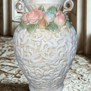 Textured Spring Vase, Stucco Style White Washed Vase with Roses,Porcelain Urn With Handles and Floral Details, Pink, Green, Blue Rose Decor