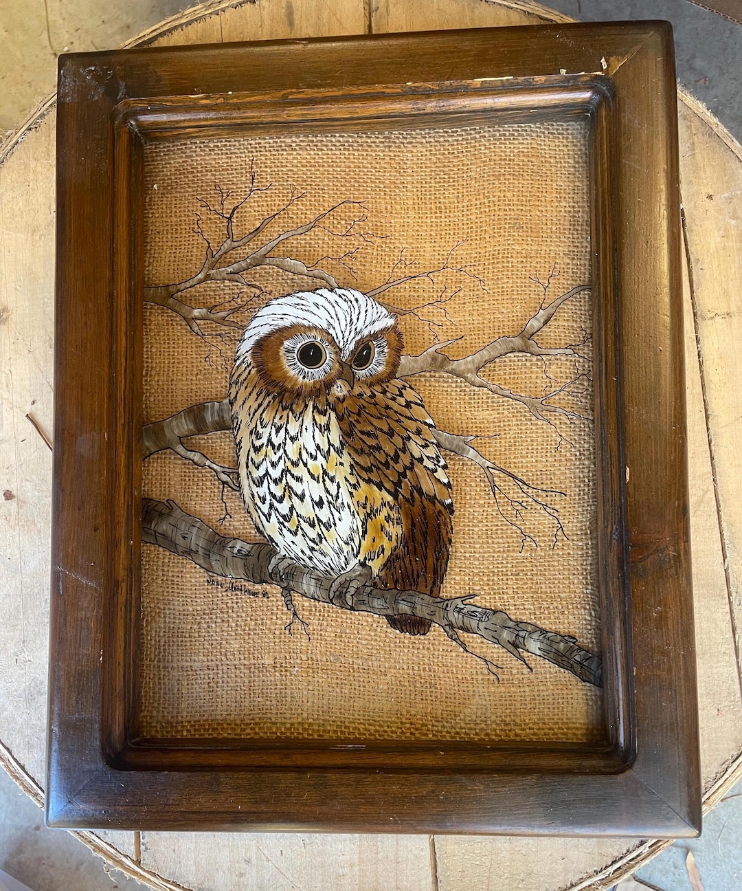 Vintage Owl Wall Art, Reverse Painting on Glass, Wood Framed Owl