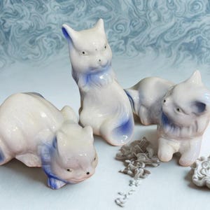 Vintage Cat Figurines, Porcelain Cat Set, Knick Knack Cat Collectibles, For the Cat Lover, Blue and White Cats,