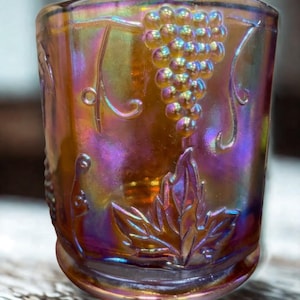 Vintage Collectible Carnival Glass, Indiana Glass, Iridescent Grape Pattern, Amber, Easter Candy Jar