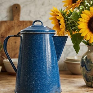 Enamel Ware Blue Speckled Vintage Coffee Pot, Farmhouse Camping Coffee Kettle