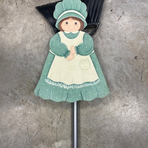 Vintage Broom Holder, Lady With Bonnet Hand Painted Broom Rack, Kitchen Storage, Wood Broom Shelf