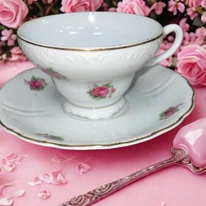 Antique Japan Porcelain Tea Cup and Saucer: Pink Rosette Floral, Gold Trim