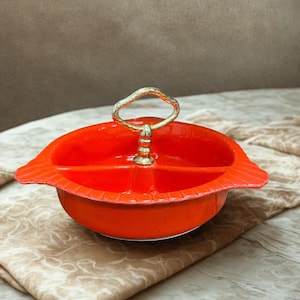 Vintage orange dish, 1960s cali style ceramic relish dish with gold handle, retro orange glassware, divided tray, Fall Colored Candy Dish