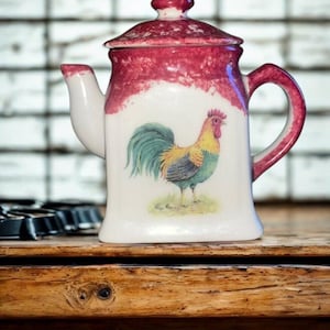 Spongeware Pottery Pitcher, Vintage Chicken Creamer Bowl, Rooster Decor, Kitchen Dish, Pink Collectible Pitcher