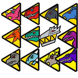 May include: Ten 1-inch triangle stickers featuring Power Rangers Ninja Steel characters. The stickers are yellow with black outlines and feature the heads of the Power Rangers. The characters include the Red Ranger, Blue Ranger, Pink Ranger, Yellow Ranger, Green Ranger, Black Ranger, Gold Ranger, and the White Ranger. The stickers are printed with the Power Rangers Ninja Steel logo.