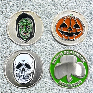 Spooky Coins Halloween Set Skull, Witch, and Jack O Lantern with Silver Shamrock Backs 1.5 inch Coins