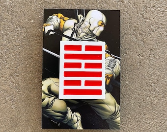 May include: White ninja figure with a red and white symbol on a black background.