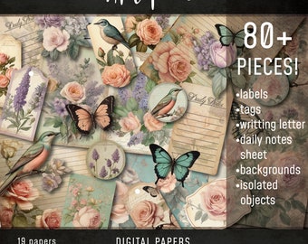 Délices shabby chic : téléchargements numériques vintage pour travaux manuels, scrapbooking, journal indésirable, étiquettes éphémères, étiquettes, arrière-plans, plus de 80 pièces