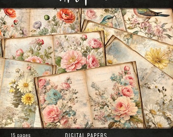 15 druckbare florale Junk-Journal-Seiten, Wildblumen, Rosen, Pfingstrosen, Collageblätter, Junk-Journal-Papier, Sofort-Download, botanische Seiten
