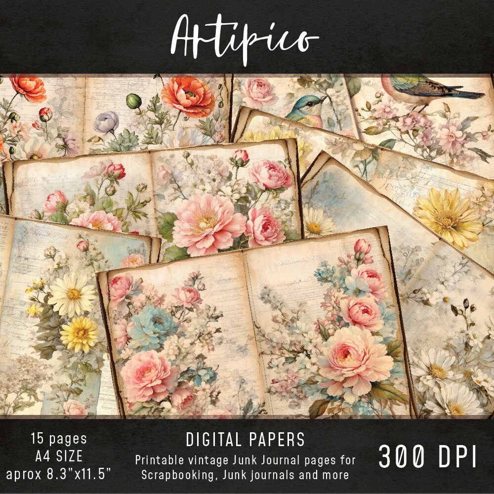 15 Printable Floral Junk Journal Pages,wildflowers,roses,peonies ...