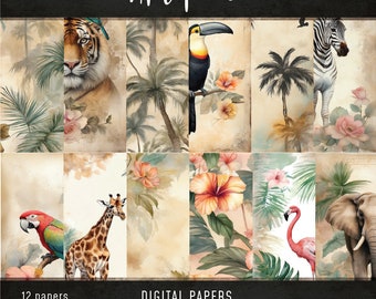 Papiers numériques vintage Shabby Jungle : arrière-plans d'animaux pour le scrapbooking, les journaux indésirables et plus encore