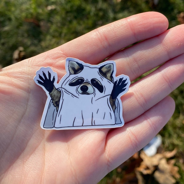 MINI STICKER! Ghost Raccoon Sticker, Halloween Spooky Vinyl, Cute Car Decal, Trick or Treat Ghost Sticker