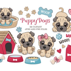 Mops digitaler Download. Niedliche Hunde CLIP ART features verschiedene handgeschnitzte Hunde und Accessoires. Druckbare PNG und Jpeg.