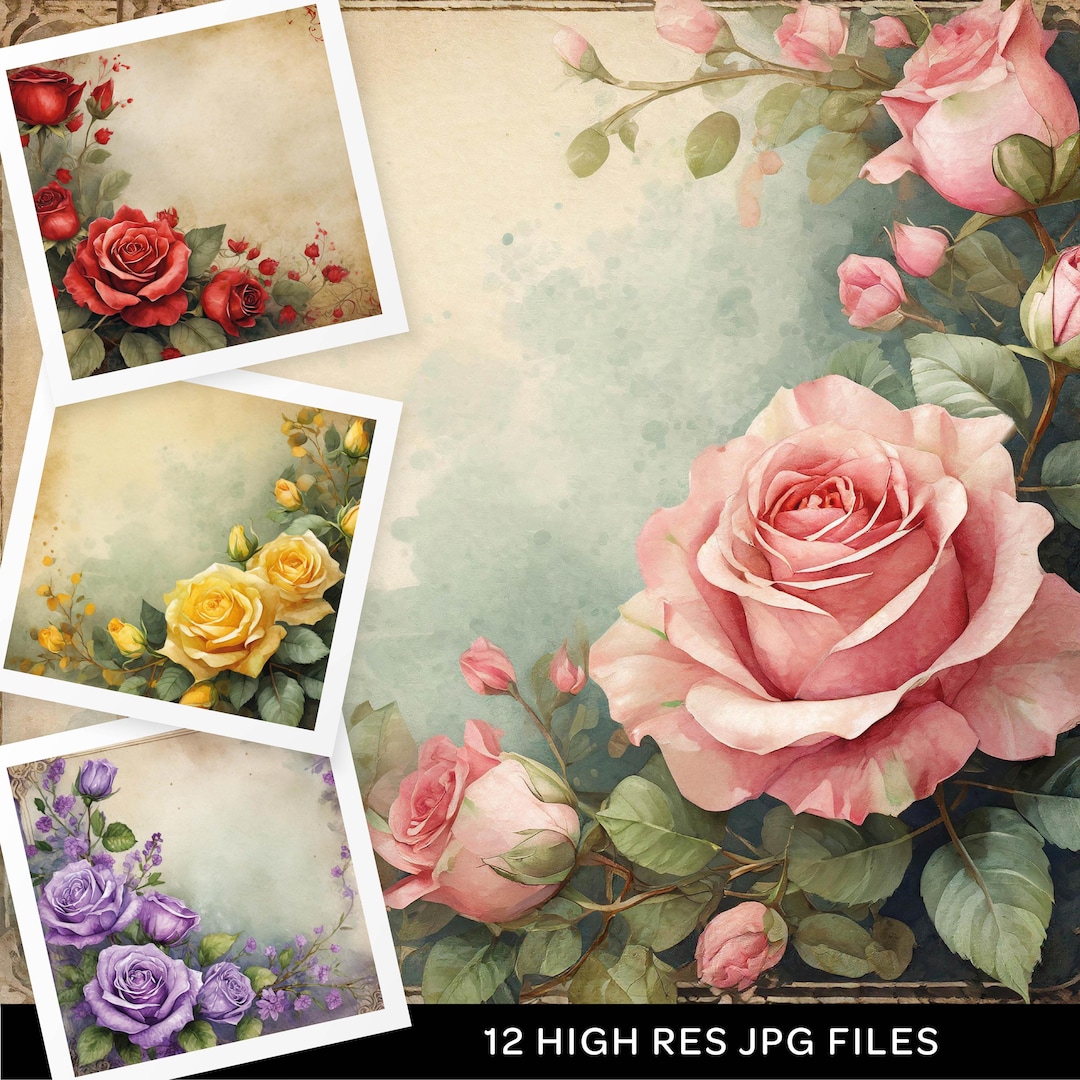 Vintage Rose Digital Paper, Watercolor Floral Backgrounds, Shabby Chic ...
