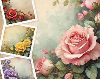 Papel digital de rosas vintage, fondos florales en acuarela, JPG florales shabby chic, rosas rosas, amarillas, rojas y lilas (descarga digital)