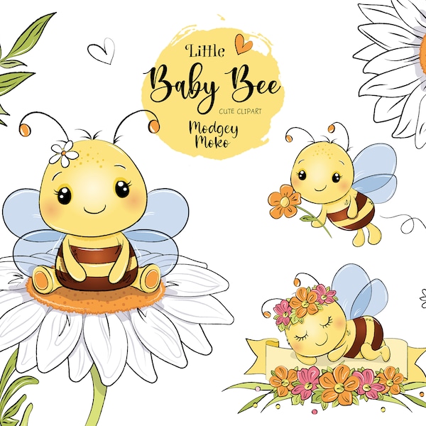 Bee with flower CLIPART PNG’s, Baby Bee downloadable digital files. Bees, flowers, leaves and sleeping bee.