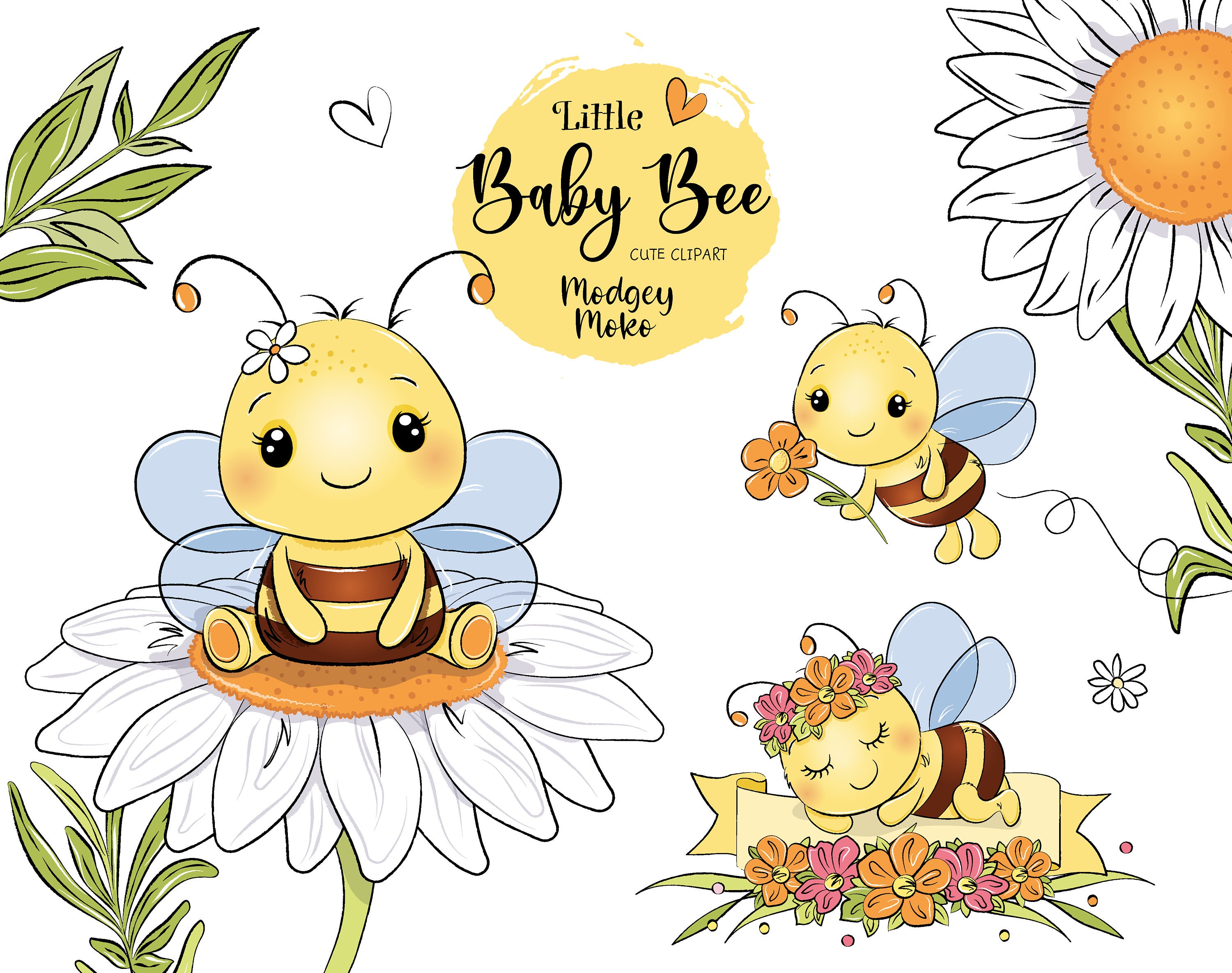 Biene mit Blume CLIPART PNG Baby Bee herunterladbare digitale Dateien. Bienen Bluten Blatter und schlafende Biene. Etsy
