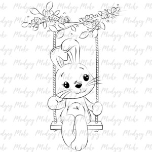 Baby Bunny Digi Stamp en columpio, Sellos digitales, Fabricación de tarjetas, Reserva de chatarra, Sello JPEG.