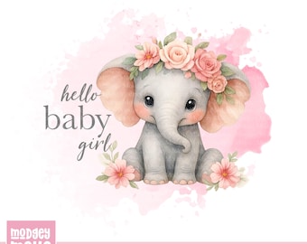 Elefante rosa PNG, diseño de sublimación de recién nacido, diseño de sublimación de elefante, elefante bebé floral (descarga digital)