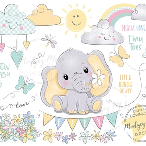 Archivos digitales de elefante bebé, lindo elefante clipart PNG. Recién nacido. Mariposas, flores, arcoíris, nubes, sol y banderines.