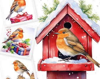 Clipart de petirrojo navideño: Arte festivo con aves, creación de tarjetas (descarga digital)