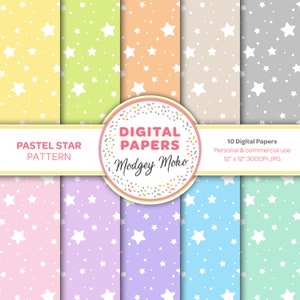 Kleurrijke digitaal afdrukbare papieren sterpatronen, roze, blauw, geel, lila, oranje, groen, grijs en beige