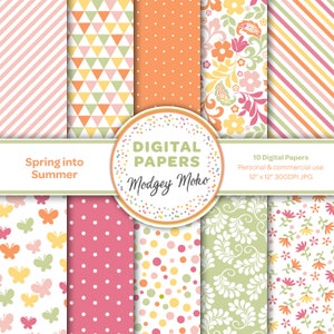 Les papiers imprimables numériques du printemps à l’été comprennent des motifs colorés en rose, jaune, orange et vert.