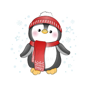 PNG, AI, JPG, Clip Art di simpatico pinguino invernale, cappello e sciarpa accoglienti, stelle e fiocchi di neve