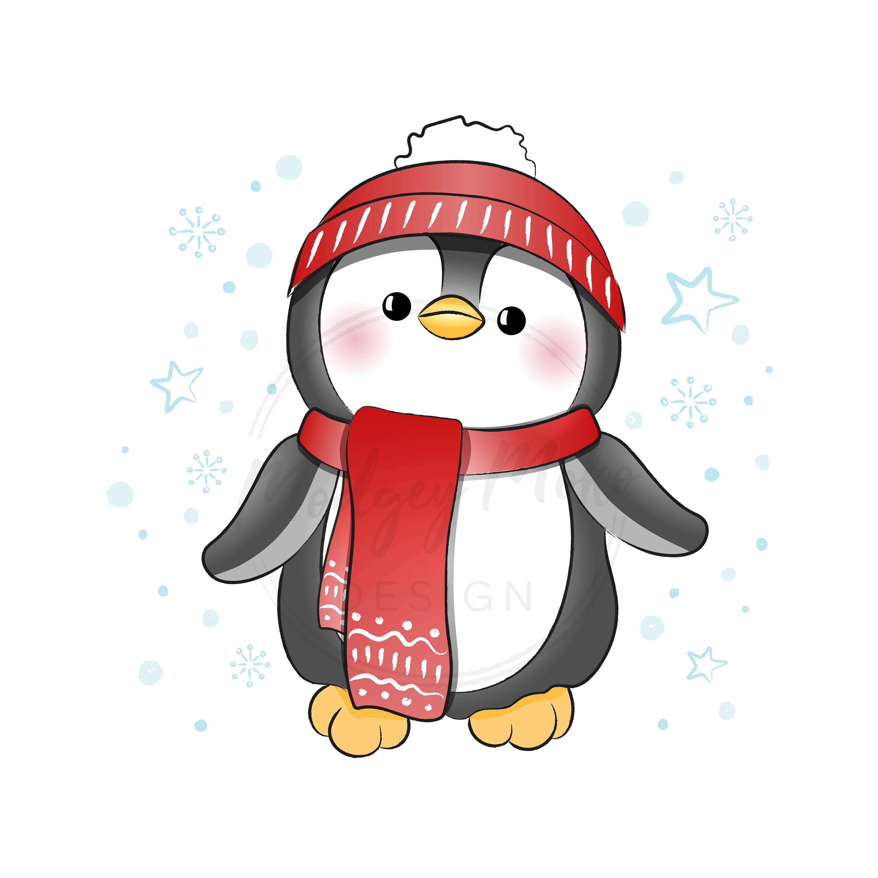 PNG, AI, JPG, Clip Art of Cute Winter Penguin, cosy hat and scarf, stars  and snowflakes