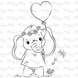 Lindo bebé elefante con globo Digi Stamp, Digital Stamps, Card Making, Scrap Booking, JPEG Stamp.